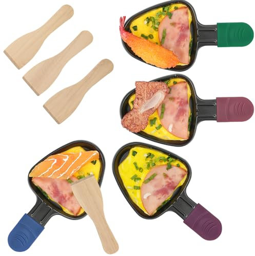 QcuGvy 4 Sartenes Pequeñas para Raclette Grill con 4 Espátulas Cocina Madera y Revestimiento Antiadherente Accesorios para Raclette Mango de Color Aislado (Triángulo)