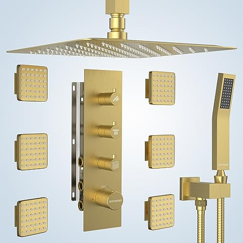 Bostingner Shower Faucet Set Brushed Gold,Thermostatic Shower System with Body Jets,16 inch Ceiling Rainfall Faucet Set with with 6 PCS Dual Modes Body Jets(3 Inch) Can All Run Together