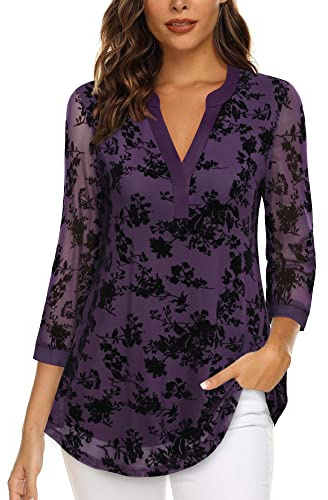 Vafoly Blusen für Frauen - Elegant Business Casual 3/4 Ärmel Tunika Tops für Damen Sommer Lila Dressy Henley V Ausschnitt Büro Arbeit Tunika Top mit Beflockten Violett Blumen