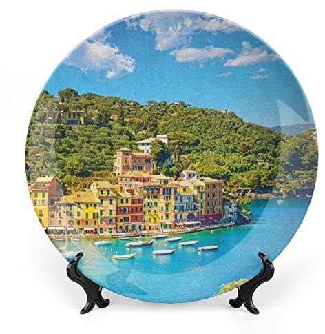 XISUNYA 8 Inch Decorative Plate, Italy Porcelain Plate, Portofino Panoramic View Print Ornament Display Plate for Fine Dining, Upscale Event, Dinner Party, Weddings, Catering, Christmas, Thankgiving