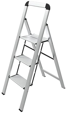 Mephisto Escabeau pliant escabeau plat en aluminium avec barre de sécurité avec 3 marches jusqu'à 150 kg