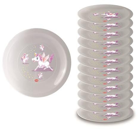 Snips, Set mit 12 waschbaren Hartplastik Tellern, Wiederverwendbare Plastikteller, Dekor Einhorn, Ø 23,5 cm, Hergestellt in Italien.