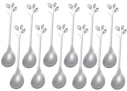 NEWOTE 12 Pieces Stainless Steel Leaf Shape Mini Dessert Spoons Set, 4.7'' Home Kitchen Tableware Demitasse Espresso Coffee Cake Creative Dessert Stirring Mixing Sugar Stir Ice Cream Fruit Teaspoon