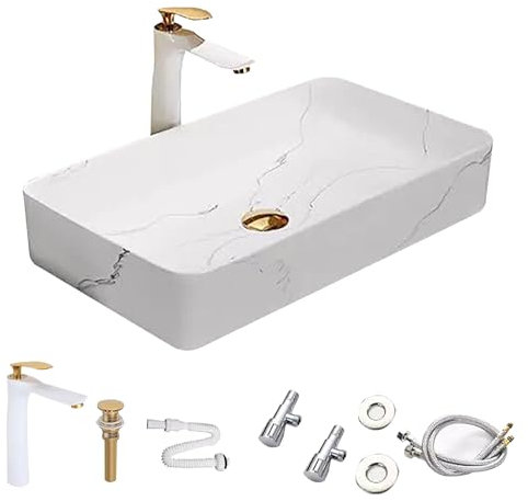 HUHJYUGE Lavabo in Ceramica, Moderno Lusso Lavandino Bagno da Appoggio Effetto Marmo, Decorativo Lavabo D'Appoggio Bagno Facile da Montare, per Piccoli Guardaroba e Bagno