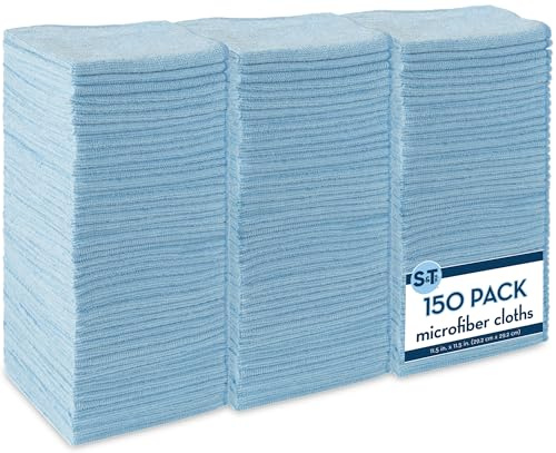 S&T INC. 150 Pack Microfiber Cleaning Cloth, Bulk Towels for Home, Reusable Microfiber Towels for Cars, Cleaning Rags, Light Blue, 11.5 Inches x 11.5 Inches, 150 Count