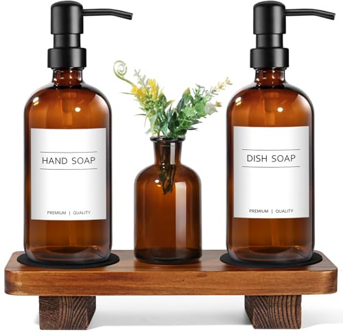 Kitchen Soap Dispenser Set with Wood Riser Tray, Amber Glass Soap Dispenser with Stainless Steel Pump, Hand and Dish Soap Dispenser Set for Kitchen, Soap and Lotion Dispenser Bathroom Decor(Amber)