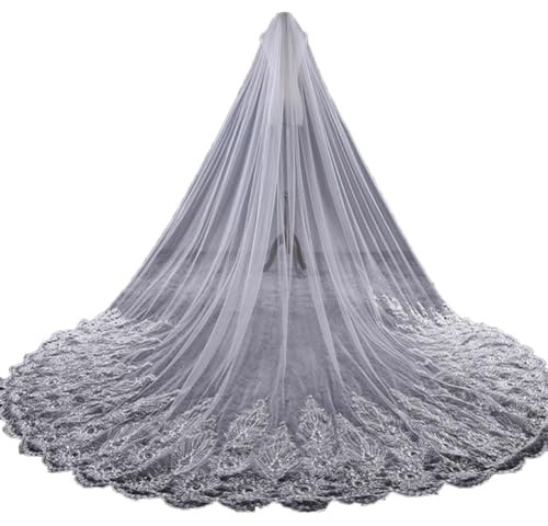 XIUWOUG Hochzeit Braut Schleier Elagant Charmante Dame Braut 1Tier Langer Bodenschleier Spitze Stickerei Kathedrale mit Kamm, Langer Abschlussball Kleid Braut Hochzeit Schleier, 137,8 Zoll,Elfenbein