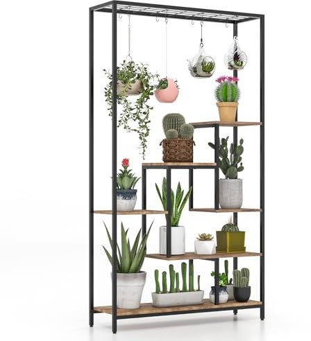GOPLUS Support Plantes Intérieur avec 6 Étagères, Porte Plante Intérieur pour Pots de Fleurs, 10 Crochets, Étagère à Fleur en Bois et en Métal, Idéal pour Balcon, Salon, 100 x 30 x 180 CM (Marron)
