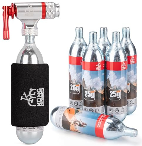KONG MING CAR Kit de Gonfleur de CO2 pour Vélo avec 6 Cartouches Filetées de CO2 16g/25g, Compatibles avec Calves Presta et Schrader, Pompe CO2 pour VTT et Célo de Route (Gonfleur+25G*6)