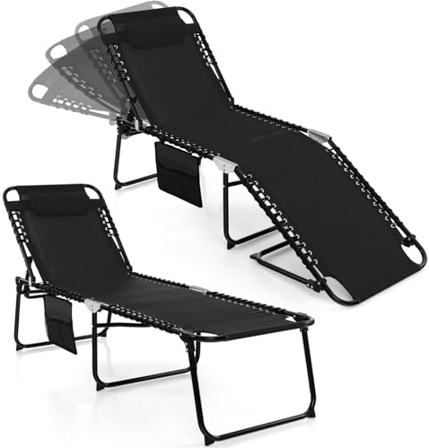 KOMFOTTEU Faltbare Sonnenliege mit Seitentasche & Kopfstütze, Strandliege mit 4 verstellbaren Positionen, Gartenliege bis 150 kg, Relaxliege für Pool, Garten (2, Schwarz)