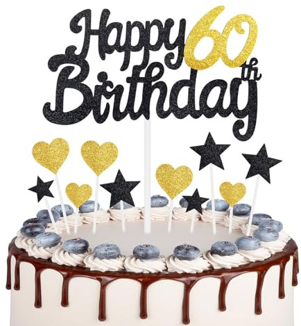 Gold Black 60th Birthday Cake Topper, Girls 60th Birthday Decorations, Gold Heart Stars Cake Toppers, Personalised Happy Birthday Cake Cupcake Toppers for Women Men Girls Boys Birthday Party