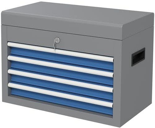 DURHAND Caisse Boite à Outils en métal, 2 poignées, verrouillable avec 2 clés fournies, avec 4 tiroirs et 1 Plateau supérieur, Gris