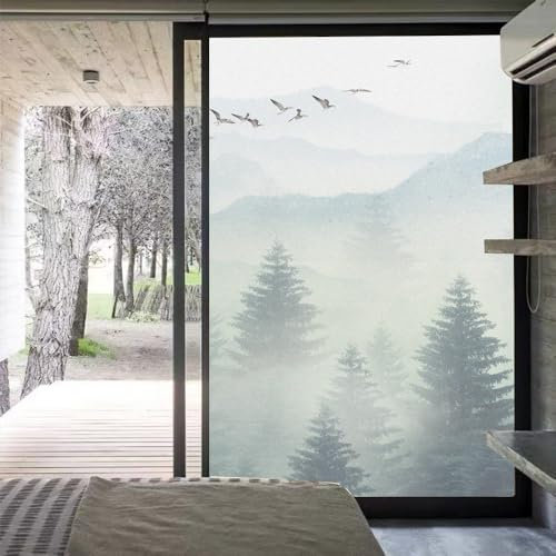 Nebeliger Wald Fensterfolie Selbsthaftende, Sichtschutzfolie Fenster Bunt, Folie Fenster Statisch Haftend ohne Klebstoff Anti UV Sonnenschutz für Büro Wohnzimmer 45x60cm