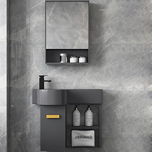 Mobile da bagno galleggiante da 55 cm con lavandino, lavabo singolo da parete, lavabo in ceramica bianca, armadietto a specchio e rubinetto inclusi