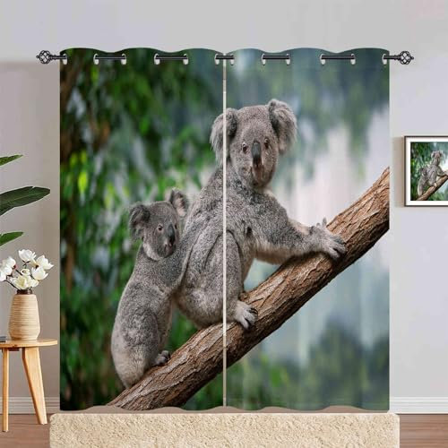 ANHOPE Dschungel Tier Koala Bär Gardinen Blickdichte mit Ösen Kinder Jungen Mädchen Thermo Vorhänge Blackout Curtain Vorhang Wohnzimmer Schlafzimmer Verdunklungsvorhänge 2er Set H 214 x B 117 cm