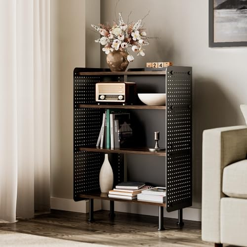 Fenge 4 Etagen Bücherregal Modern Lagerregal mit Pegboard Multifunktionales Lagerschränke mit Verstellbarem Regal für Wohnzimmer, Schlafzimmer, Heim, Büro (Braun)