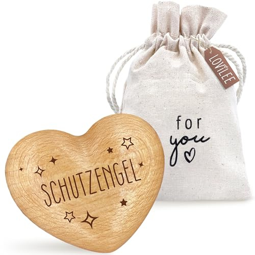 LOViLEE Schutzengel - Handschmeichler Holz Glücksbringer Prüfung - Holz Herz inkl. Geschenkbeutel & Grußkartenset - Mutmacher Geschenk, Schutzengel Geschenk, Gute Besserung Geschenke Frauen