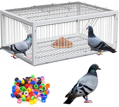 BREUAILY Auto Trap Pigeon Cage with 200Pcs Foot Ring Folding Pigeon Cage with One-Way Entry Four Channel Bird Trap Cage for Pigeons Parrots Chicken 64 * 44 * 26cm