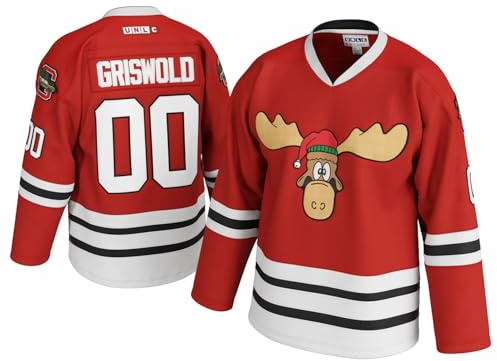 Griswold Elch Clark #00 Hockeytrikot - X-Mas Vacation Stitched Letters & Numbers Fan Apparel Breathable Polyester S-5XL, Rot/Ausflug, einfarbig (Getaway Solids), 5XL