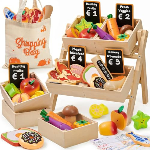 Atoylink Juguetes de Cocina de Madera para Niños, Juguetes de Cocina con Frutas y Verduras Juguete Comida Madera Juguete, Juego de Roles Regalo Navidad para Niña Niñas 2 3 Años
