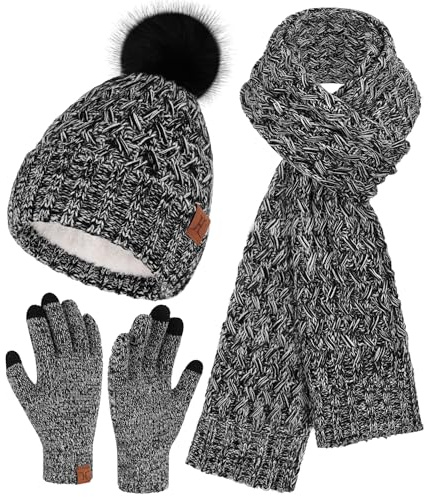 Bequemer Laden Mujeres Invierno Gorro Bufanda Larga Guantes Tactiles Conjunto de Punto Gorras Lana con Pompón Forro Polar Regalo Mujer