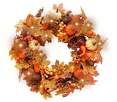 Ghirlanda autunnale Bolam, 40 cm, foglie di acero artificiale con luce, ghirlanda per porta, zucche autunnali, bacche, pigne, decorazioni per porta di casa, giorno del Ringraziamento