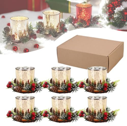 Hiseng 6er Set WeihnachtenTeelichthalter Glas Kerzenhalter mit Mini-Weihnachtskranz für Weihnachtstisch Deko, Teelichtgläser Votivkerzenhalter Weihnachten Hochzeit Tischdeko (Gold)