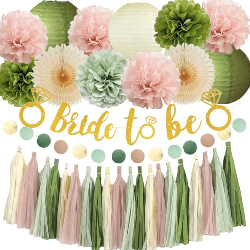 JGA Deko Frauen Salbeigrün Rosa Junggesellinnenabschied Grün Rosa Bride to Be Deko Salbeigrün Hellrosa Olivgrün Braut Party mit Quasten Girlande Salbei für Bridal Shower Junggesellenabschied