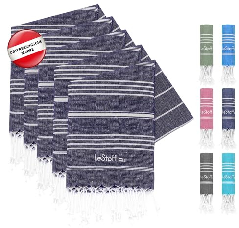 LeStoff Premium gästhandduk – hamam-handduk (set med 5) – 100 % ekologisk bomull – förtvättad, hållbar, absorberande och snabbtorkande, för fitness, kök, dusch, yoga, spa, resor (marinblå)