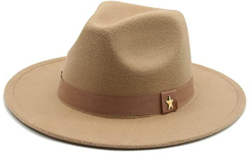 OLSKFUH Fedora-Hut, Wintermütze Für Damen Und Herren, Breite Krempe, Klassischer Beigefarbener Bowlerhut Für Hochzeiten Und Kirchen,Khaki9 with Star-56-58cm