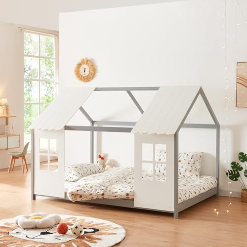 [en.casa] Kinderbett Tostedt Hausbett Jugendbett Bettenhaus Spielbett Halboffenes Design Montessori Bett aus massiver Kiefer Bettgestell Holz 140x200cm Grau/Weiß
