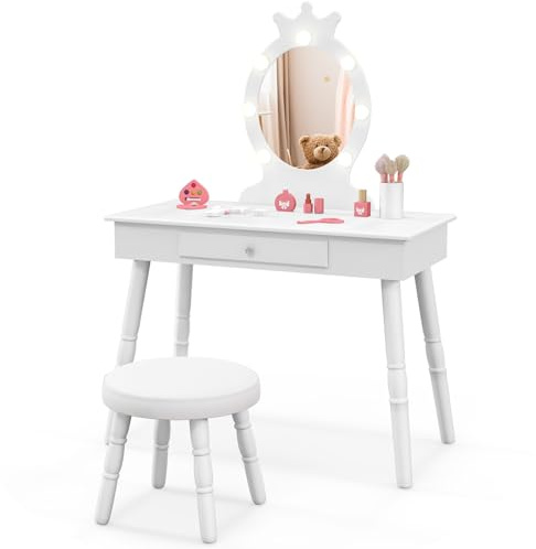 RELAX4LIFE Toeletta Trucco per Bambina con 7 Lampadine LED, 3 Colori di Luci, Specchiera Trucco con Sgabello, Toeletta in Legno, Specchio Rimovibile, per Bambini 3-7 Anni (Bianco)
