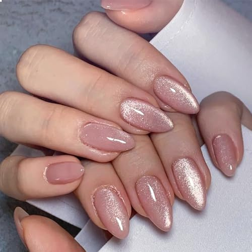 GlamRays 24 Stück Mandel Press on Nails Mittel Falsche Nägel Rosa Falsche Nägel Mit Design Glitzer Klebernagel Glänzend Akrylnägel Vollumfängliche Aufnageln