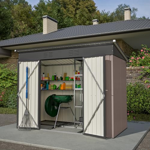 Gegtuon Metall Gerätehaus 229x111x182 cm, Geräteschuppen Gartenhaus mit Satteldach, Gartenschrank mit 2 Türen & Stauraum Regal, Wetterfest Outdoor Schuppen Gartenschuppen für Garten Terrasse, Braun