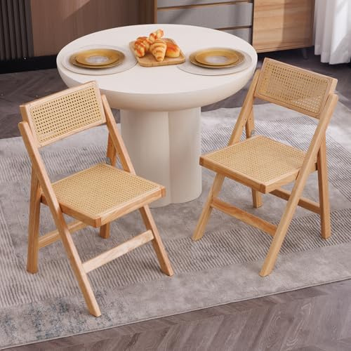 Ya-Home Esszimmerstühle klappbar 2er Set, Klappstühle Rattan, Naturholz | Küchenstühle Holz ohne Armlehne, Essstühle Akzentstühle für Küche & Balkon