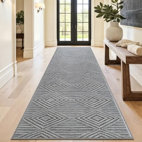 Capslpad Teppich Läufer Flur 80x300cm, Grau Modern Waschbar Teppichläufer 3D Geometrie Hoch Tief Effekt rutschfest Küchenteppich Läufer für Schlafzimmer Wohnzimmer Eingang