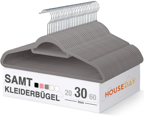 HOUSE DAY Grucce appendiabiti in velluto, 20, 30, set da 60 pezzi, grucce di alta qualità, salvaspazio e antiscivolo, con gancio girevole a 360°, per camicie, abiti, grigio, nero, bianco (grigio, 30