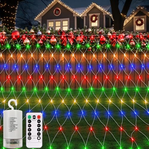 CCILAND Luces de red de batería de 3 m x 2 m, 200 luces LED de malla con control remoto, temporizador de 8 modos, regulables, luces de hadas para exteriores, impermeables, para arbustos, jardín, patio