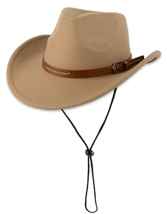 Cowboy Hat for Men and Women, Unisex Western Cowboy, Felt Wide Edge Western Classic Panama Hat Outdoor Wide Edge Cowboy Hat with Strap(Camel)