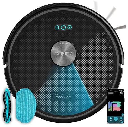 Cecotec Robot Aspirador y Friegasuelos Conga M50. Navegación Láser, 5000Pa Presión de Succión, Batería de 3200 mAh, Cepillo Multifunción para Todas Las Superficies, Cobertura hasta 160m²