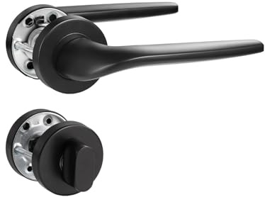 SORWDUERM Black Door Handle Set Matte Brushed Stainless Steel Door Lever for Front Door and Interior Door L Shape Toilet Round Rosette