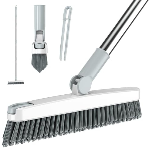 AIR U+ Grout Brush with Long Handle 180° Swivel Scrub Brush with Tweezers to Hair Clip V-Shape Grout Line Scrubber Stiff Bristles for Deep Cleaning Crevice, Tile Line, Shower, Kitchen, Corners（White）