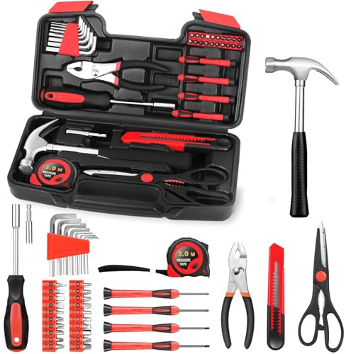 WOWEI Malette Outils 39 Pièces, Outils Bricolage Kit Main Ménage Général Boite à Outils Idéale pour Débutantes, pour la Maison & Le Bureau avec Marteau, Tournevis, Pince et Ruban Mesurer Rouge