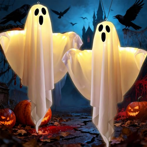2 Stück Halloween Deko Outdoor,Halloween LED Geister Deko,Garten Windsäcke Geist,Hanging Lighted Glowing Ghost,Outdoor Windsäcke,für Party Terrasse Garten Veranda Patio Rasen Vorgarten