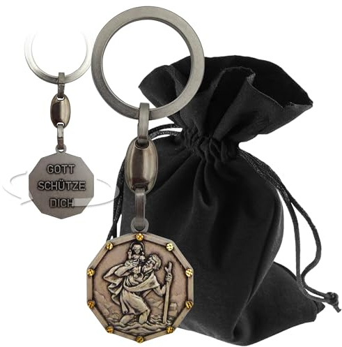 Lunexus Christophorus Schlüsselanhänger Metall - Silber, 9 cm | Detailliertes Relief, beidseitige Prägung „Gott schütze dich - für Auto, Motorrad, Pilger - gesegnet mit Zertifikat