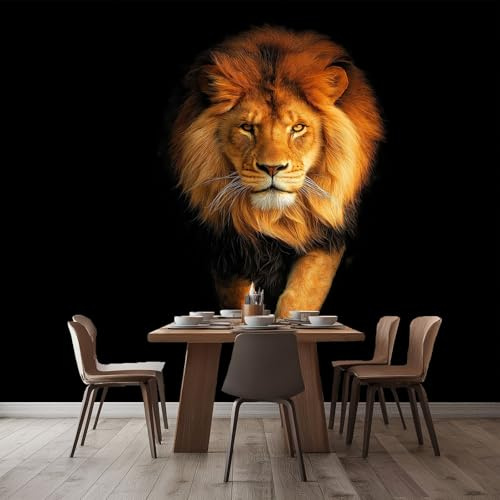 Papel Pintado Panorámico León Animal Negro 200x140 cm Fotomurales No Tejido, Murales Decoración Póster Pared Personalizado 3D Para Salón Dormitorio