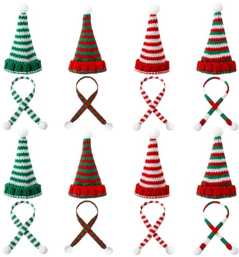 JUNEBRUSHS 8 Stück Mini Weihnachtsmützen Set mit Schal, Kleine Nikolausmütze Strickaccessoires für Puppen, Weinflaschen und DIY Basteln in 4 Farben
