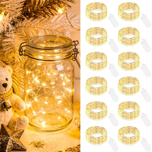 btfarm 12 Stück Lichterkette Batterie mit Klein,2M 20LED Mini Lichterketten | Silberdraht, Micro Draht, Batteriebetrieben, Wasserdichte, für Innen Weihnachten Hochzeit Party Geschenk Deko, WarmWeiß