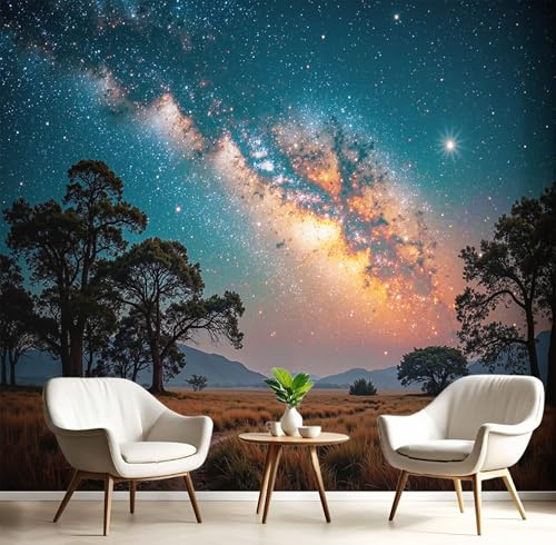 Fotomurales Cielo Nocturno Río Estrellado 250X175Cm Papel Pintado Decoración De Pared Paisaje Pastizales, Murales Póster Azul Profundo Efecto 3D, Fotográfico Murales Para Dormitorio Salón Tv Pared