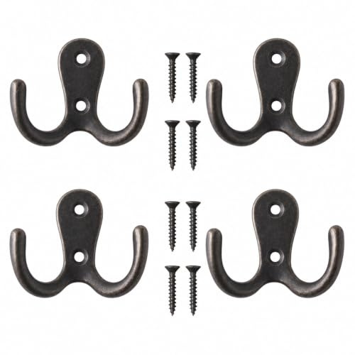 Qabonl 4 Pack Coat Hooks Heavy Duty Double Prong Wall Mounted Black